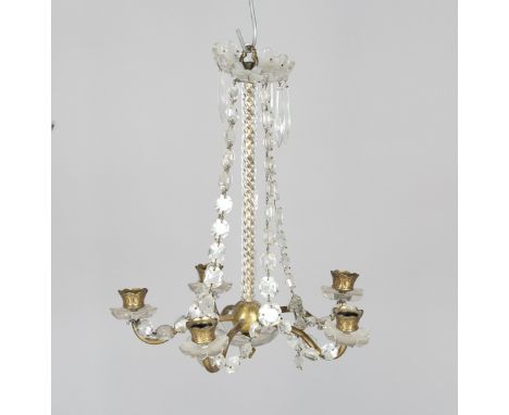 A mid-19th century clear glass and gilt brass five light chandelier, height 40cm, width 34cm, together with a small group of 