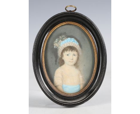 British School - an 18th century watercolour on ivory portrait miniature, depicting a young girl wearing a blue bonnet and wa