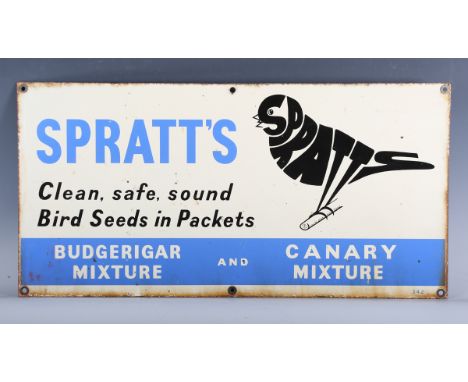 A 'Spratts Budgerigar and Canary Mixture' enamel advertising sign, 30.5cm x 61cm.Buyer’s Premium 29.4% (including VAT @ 20%) 