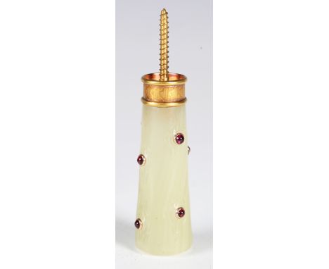 An early 20th century green stained agate imitating jade and carbuncle garnet set parasol handle of reputed Royal interest, t