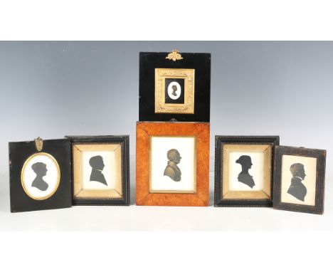 A group of six 18th and 19th century cut paper and ink profile portrait miniatures, including one ink portrait heightened in 