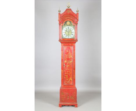 A mid-18th century style red chinoiserie lacquered longcase clock, the eight day three train movement chiming quarters on eig