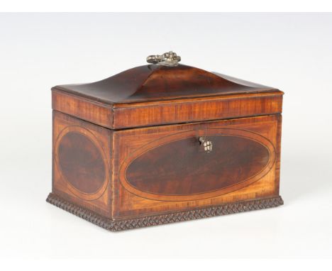 A George III mahogany tea caddy, the domed lid with silver handle, London 1812, with overall crossbanded borders and a finely