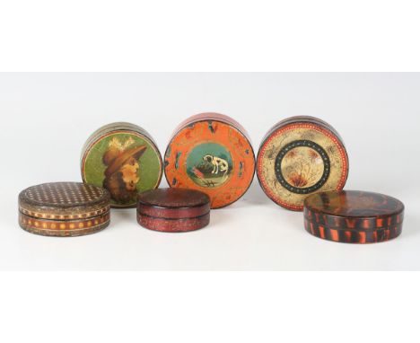 A group of six late 18th/early 19th century French papier-mâché cylindrical snuff boxes, one painted with a seated dog, diame
