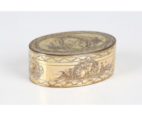 A George III gold plated copper oval snuff box, the hinged lid, sides and base engraved with vignettes, width 7cm. Provenance