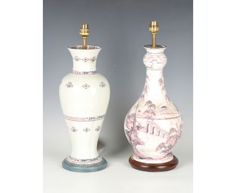A modern Isis pottery tin glazed earthenware table lamp by Deborah Sears, the baluster body decorated in manganese with a lan