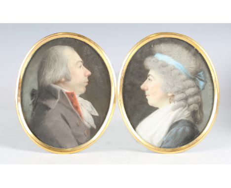 British School - a pair of late 18th/early 19th century pastels on paper portrait miniatures, depicting profiles of a lady an
