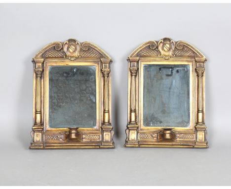 A pair of modern gilt composition architectural girandole wall mirrors, height 43cm, width 33cm.Buyer’s Premium 29.4% (includ