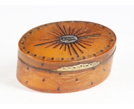 A George III blond tortoiseshell oval snuff box, the hinged lid piqué inlaid with an initialled reserve within a sunburst, th