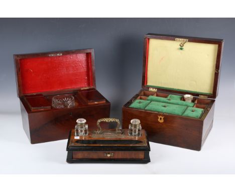 A Regency mahogany sarcophagus tea caddy with fitted interior and later glass bowl, width 32cm, a 19th century rosewood workb