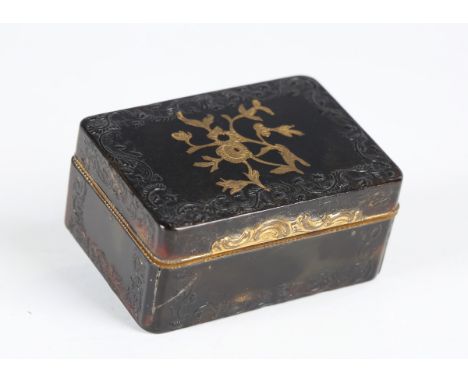 A George IV tortoiseshell and gilt metal mounted rectangular snuff box, the hinged lid inlaid with a floral spray within bord