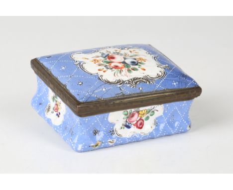 A George III South Staffordshire enamel and metal mounted rectangular box, the hinged lid and sides painted with floral reser