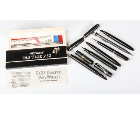 A Parker Junior Duofold fountain pen with 14K gold nib, length 13.5cm, a Swan Leverless fountain pen, a Worlds Wonder fountai
