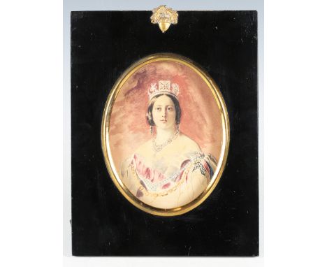 Circle of Franz Xaver Winterhalter - a 19th century watercolour portrait miniature, depicting Queen Victoria, 12.5cm x 9.5cm,