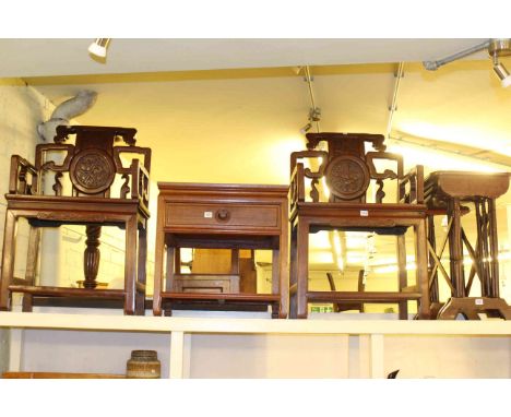 Pair Oriental hardwood armchairs, Oriental hardwood lamp table and nest of four lacquered tables (4).