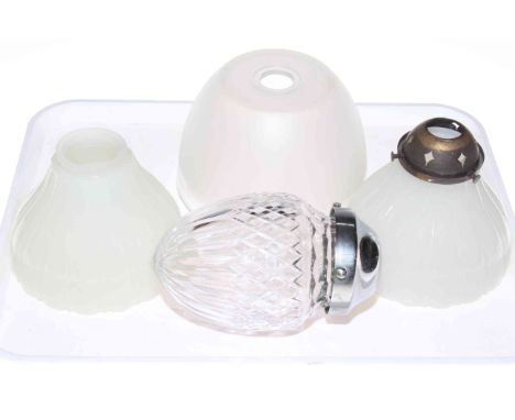 Pair of opal glass light shades, frosted glass shade and a cut glass shade.