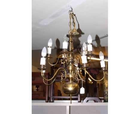 Brass two tier eleven branch chandelier.