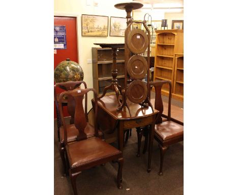 Pembroke table, set of four mahogany dining chairs, snap top occasional table, tripod plant stand and three tier folding cake