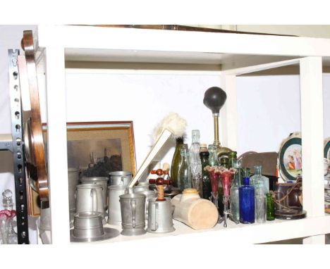 Copper warming pan, barometer, pewter tankards, glass bottles, vintage tape measure, camera, travel iron, etc.