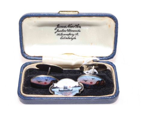 Pair silver and enamel cufflinks decorated with sunset coastal scenes, with similar brooch (2).