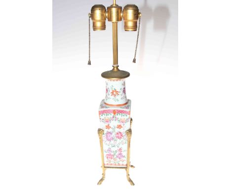 Gilt metal mounted Chinese polychrome vase table lamp, 30cm to top of vase.