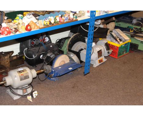 Collection of power tools including bench grinders, saw, compressor etc, bench vices and various tools.