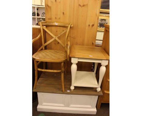 White and pine trunk, white and oak lamp table and Bentwood elbow chair (3).