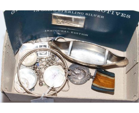 Box of silver items including Chester hallmarked canoe.