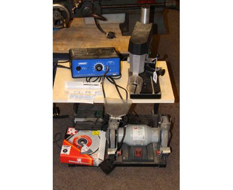 Minicraft bench drill, circular saw, transformer and bench grinder.