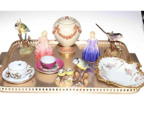 Three Royal Crown Derby birds and ornate dish, two Royal Doulton figures, Royal Worcester ivory vase, Herend and Continental 