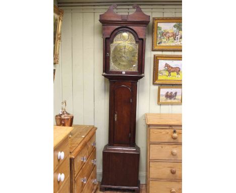 Antique oak longcase clock having arched brass dial, signed Sam Robson, North Shields.