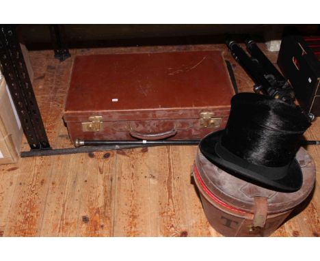 Leather cased Top Hat box with a Top Hat by T.B. &amp; W. Cockayne, Sheffield, silver handled walking cane, scope, camera tri