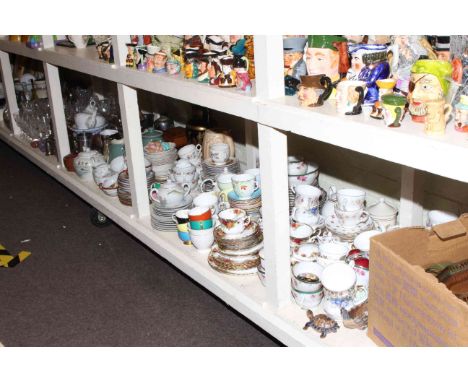 Literature books, assorted teaware, glassware, metalwares, oak mantel clock, etc.