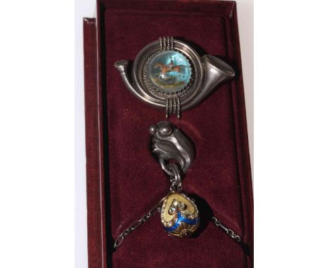 Georg Jensen silver pendant and chain; enamel and gem get egg pendant; silver hunting horn and pearl ring (4).