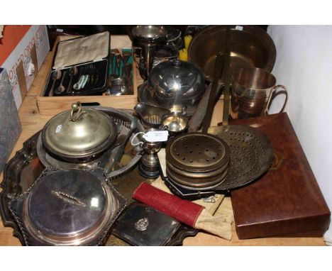 Collection of metalwares including Armagh 1890 Irish Fox Terrier Club Winner's Medal 'Dice Box', trade coin tokens, silver pl