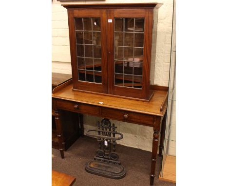 Victorian mahogany 3/4 gallery backed two drawer washstand, mahogany two door bookcase top and cast iron stick stand (3).