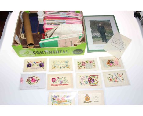 Collection of embroidered silk military postcards (including Queen's Westminster, Remembrance, Forget Me Not), HM Queen Eliza