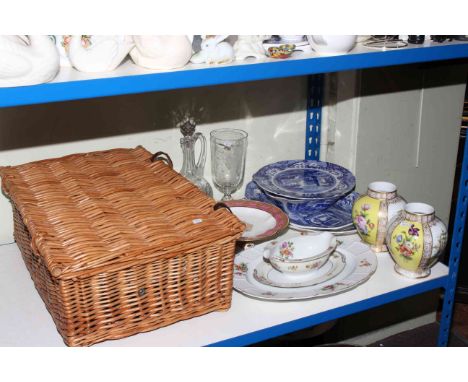 Wicker picnic hamper, glass decanter and celery vase, Spode Italian china and other china.