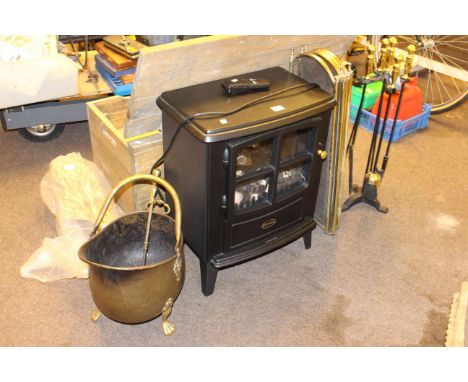 Dimplex electric fire, brass coal helmet, compendium set and spark guard.