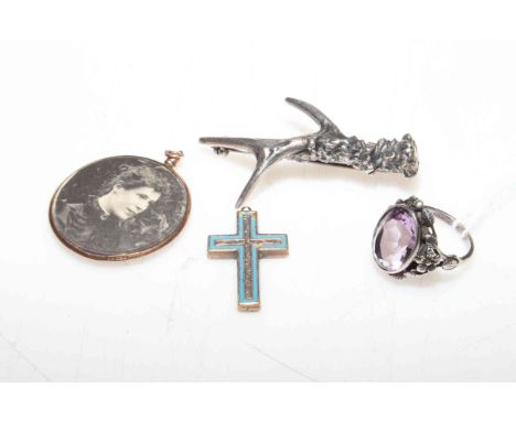 Amethyst ring, Scotch brooch, part enamelled and mini pendant.