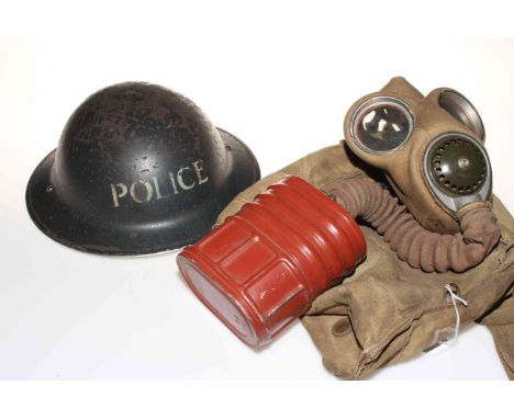 Vintage Police helmet and gas mark in canvas bag (2).