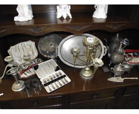 A good lot including silver plate epergne, pewter, cutlery sets, etc.