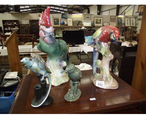 A ceramic cockatoo, parrot, king fisher and a Wilkinson Oriflamme phoenix bird on tree trunk by John Butler