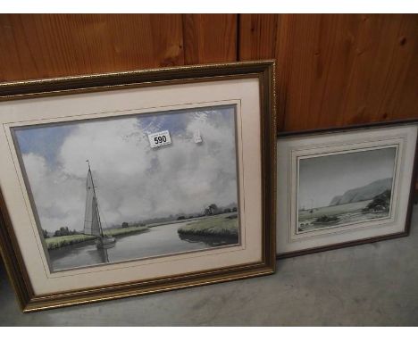 2 framed and glazed watercolours 'Sailing on the Broads' and 'Rocky Beach' both signed Graham Timbrell