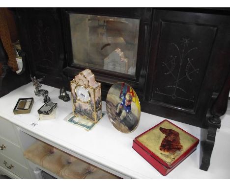 3 pewter dragons/angels, vintage lighters, a Thomas Kincade clock a/f, tea cards etc.,