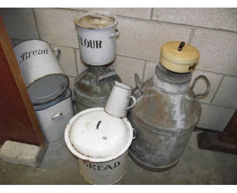 A quantity of enamel bread bins, galvanised churns etc.,