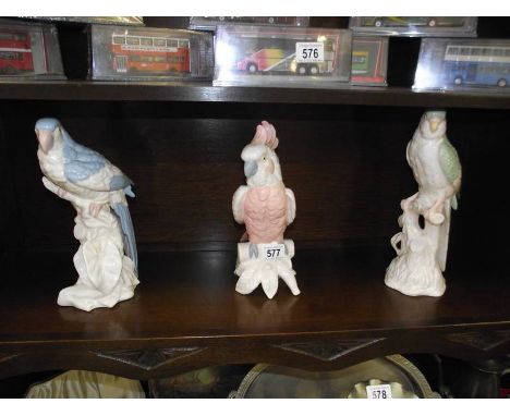 3 ceramic birds being a Green Budgerigar, Blue Parrot and Pink Cockatoo