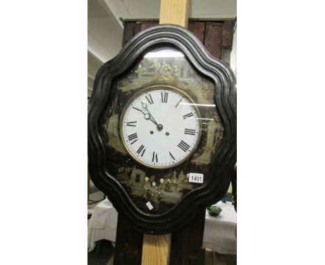 A lacquered wall clock with Chinese figure decoration.