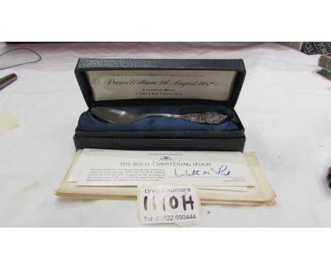 A hall marked silver Franklin Mint christening spoon for Prince William.