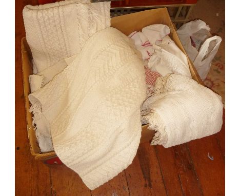 Vintage linen, lacework and cotton rugs, etc (2 boxes) 
